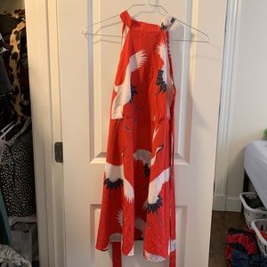 (S) Red halter dress with birds